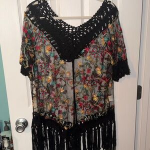 Black Crochet Fringe Floral Embroidered Sheer Kimono/Coverup